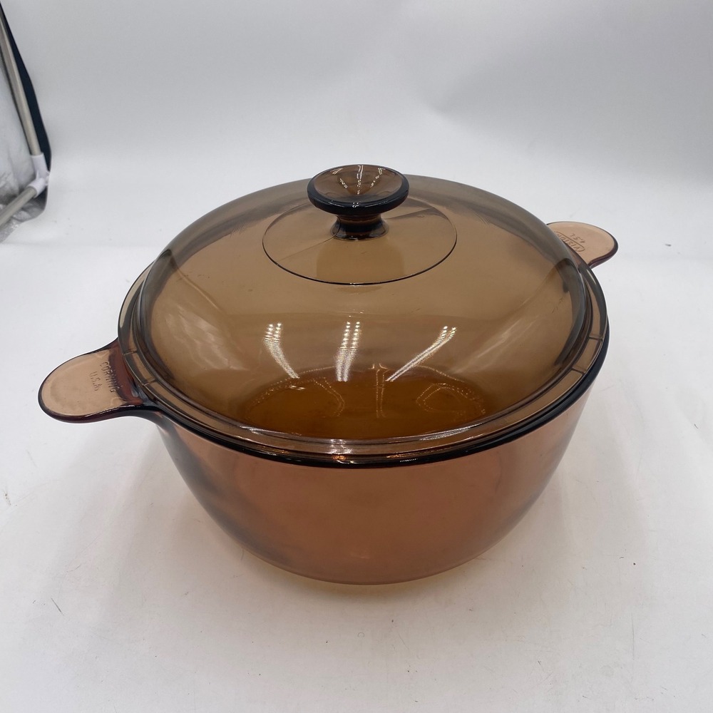 Corning Vision Amber Glass 4.5L Dutch Oven Stock Pot Pyrex Lid USA Vintage Brown